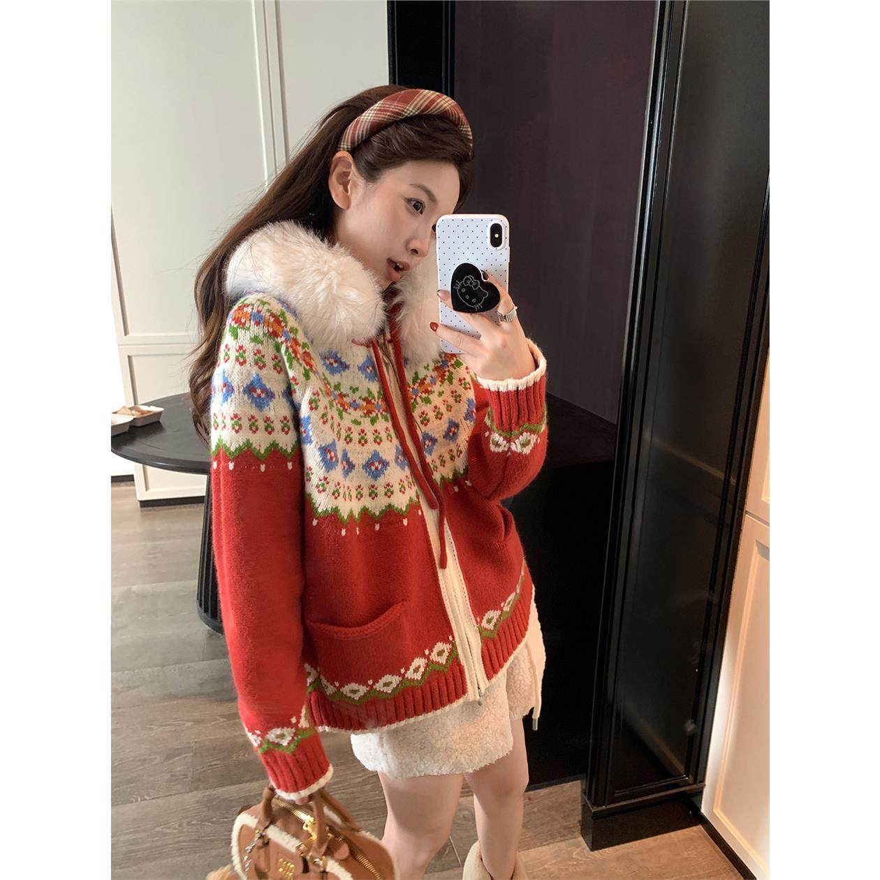 加厚毛领费尔岛宽松连帽红色新年衣服女2025新款秋冬针织外套开衫,个性定制/设计服务/DIY,棉服工装,淘宝优惠券,粉丝福利购,淘宝优惠卷