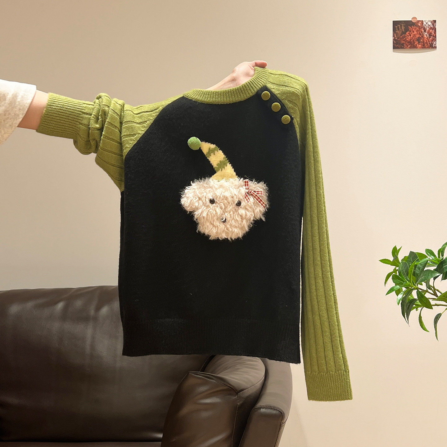 绿色小狗插肩袖加厚针织毛衣外套长袖冬季打底衫内搭可外穿上衣女