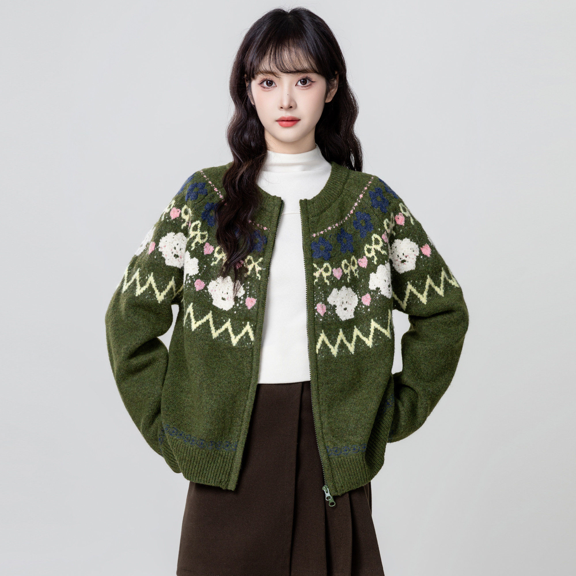 绿色费尔岛毛衣外套女秋冬2025秋季新款加厚提花拉链针织开衫上衣,个性定制/设计服务/DIY,棉服工装,淘宝优惠券,粉丝福利购,淘宝优惠卷