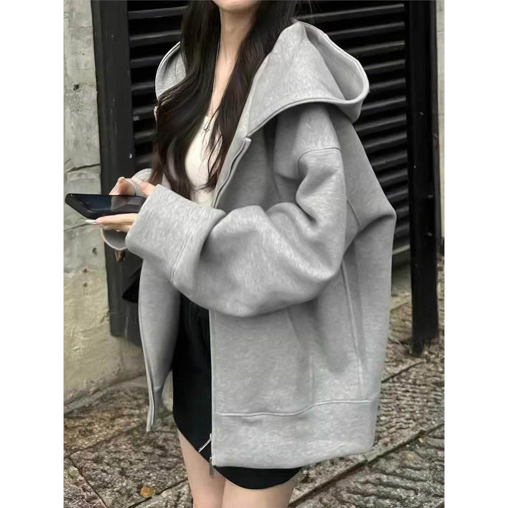 灰色卫衣女外套连帽2025新款秋冬季加绒加厚开衫宽松韩系拉炼上衣