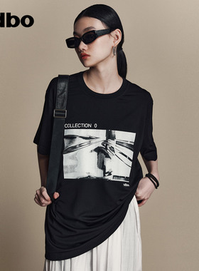 odbo 黑色设计感印花中长短袖t恤女夏季新款圆领白色上衣潮牌