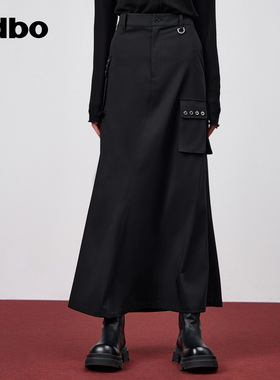 odbo/欧迪比欧时尚气质工装风黑色半身裙女春季新款包臀显瘦A字裙