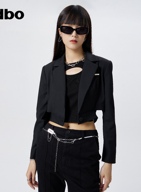 odbo 个性垫肩西装短外套女小个子春季新款收腰显瘦绑带潮