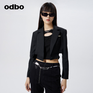 odbo 个性垫肩西装短外套女小个子春季新款收腰显瘦绑带潮