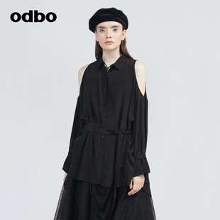 欧迪比欧时尚 设计感小众露肩黑色衬衫 女春季 上衣 odbo 新款 长袖