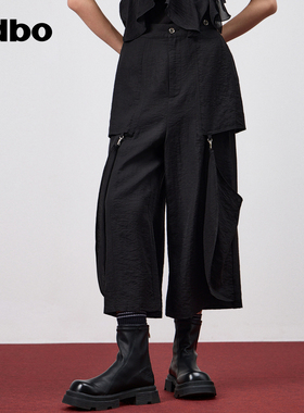odbo/欧迪比欧工装风气质大口袋黑色休闲裤女夏季束腰七分阔腿裤