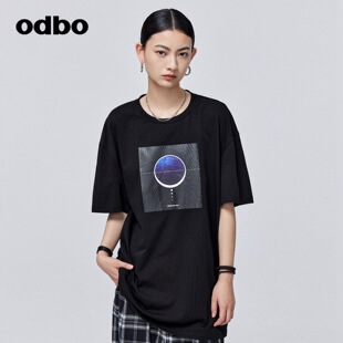 舒适宽松上衣 odbo 欧迪比欧原创设计休闲印花T恤女早秋新款