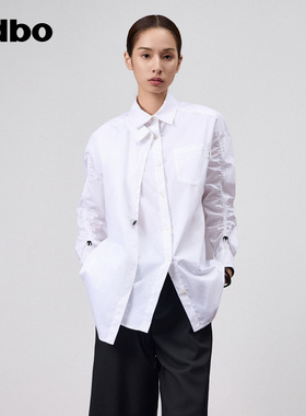 odbo/欧迪比欧时尚设计感小众抽褶长袖白色衬衫女春季新款双层领