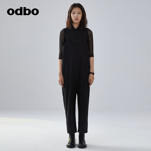 odbo 女高级感黑色显瘦气质长裤 欧迪比欧原创设计高腰背带连体裤