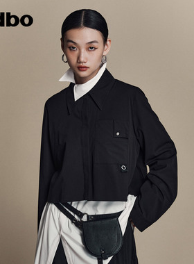 odbo 黑色褶皱尖领短款长袖衬衫女春季新品设计感小众上衣