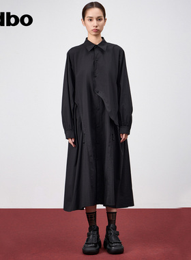 odbo/欧迪比欧时尚设计感小众假两件拼接黑色连衣裙女宽松衬衫裙