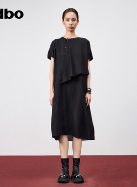 odbo/欧迪比欧复古气质荷叶边拼接短袖黑色连衣裙女夏季宽松裙子