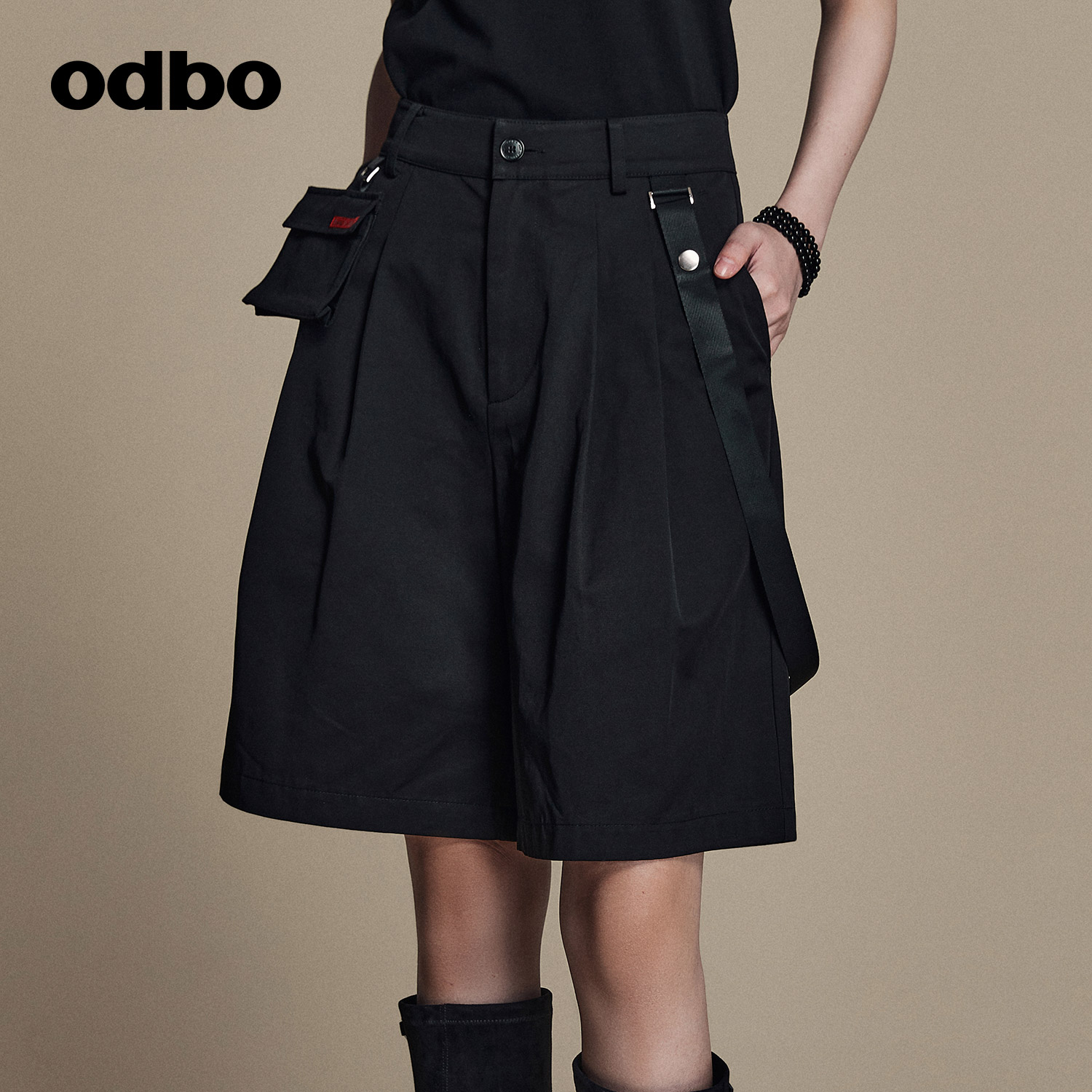 odbo 潮牌工装风织带黑色休闲短裤女夏季新款高腰显瘦阔腿五分裤