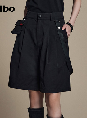 odbo 潮牌工装风织带黑色休闲短裤女夏季新款高腰显瘦阔腿五分裤