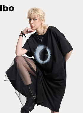 odbo/欧迪比欧T恤裙夏季女时尚印花不规则设计拼接连衣裙宽松休闲