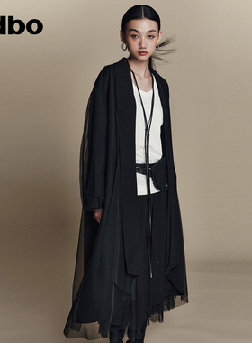 odbo 小众衣服设计感高级初春外套女纱网拼接不规则长款黑色开衫