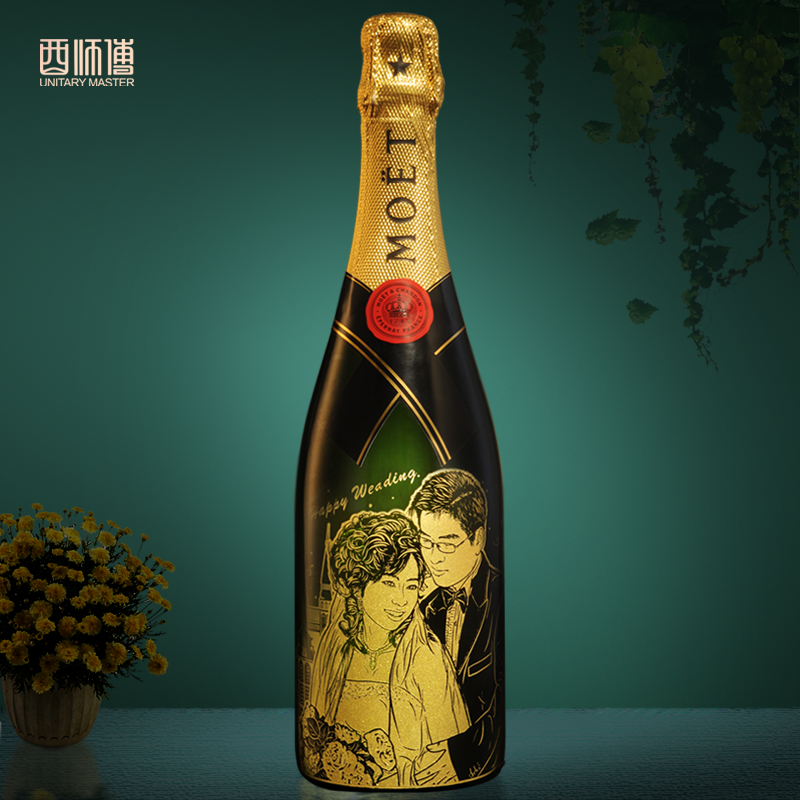 香槟酒瓶雕刻 结婚生日照片定制周年纪念轻奢高端礼品 情人节礼物