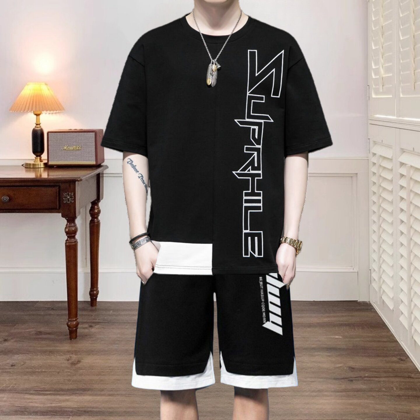 新款短袖t恤男士夏季薄款一套搭配五分外穿短裤帅气男生夏天套装