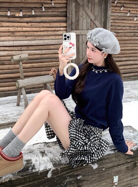 IKOON春季新品2025藏青色手工贝壳钉珠半高领纯棉打底衫针织衫