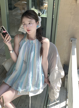 IKOON重工棉麻A字娃娃衫宽松吊带背心女夏外穿2025新款挂脖上衣