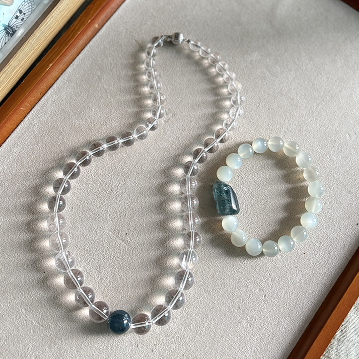 【幸运灵石】一图一物 原创设计魔鬼蓝白水晶塔链月光石碧玺手链