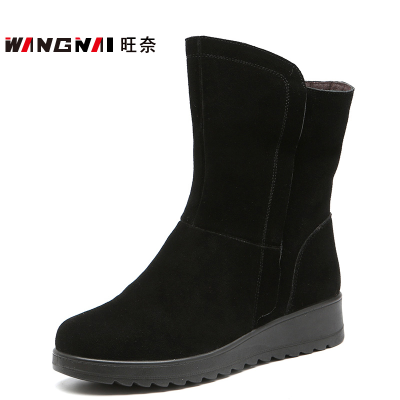 磨砂真皮中筒靴高腰棉鞋大码单靴