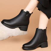 旺奈软底粗跟短靴女冬季 保暖羊毛妈妈棉鞋 中年百搭圆头中跟女靴子