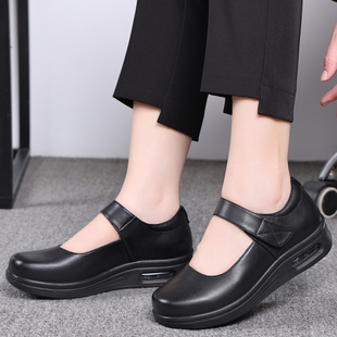 妈妈方口拉带单鞋真皮软皮鞋女鞋春季防滑软底舒适中年饭店工作鞋