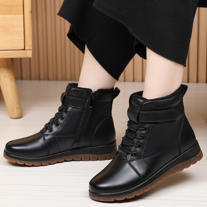 真皮牛皮短靴牛筋底棉皮鞋薄