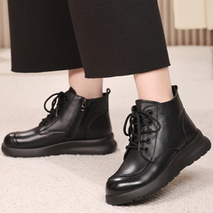 真皮厚底短靴女冬季加绒加厚保暖棉鞋中年大码防滑圆头111208