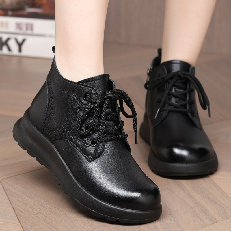 真皮平底加绒棉皮鞋女士短靴冬季