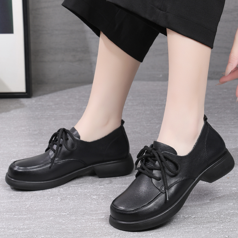 旺奈真皮深口单鞋粗跟皮鞋