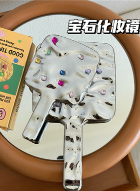 带钻辣妹手持化妆镜ins风高级感便携高清复古小镜子手柄式补妆镜