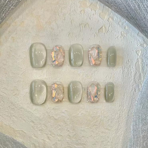 青提玻璃珠猫眼冰透闪钻穿戴甲