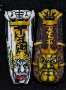 鹿角根付雕刻黑白无常吊坠