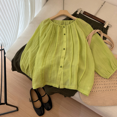 元气治愈嫩绿色！工艺皱酵洗天然苎麻圆领九分袖上衣女2025夏自制