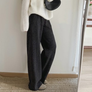 独家自制。去年升级款 弹力羊毛呢混纺直筒长裤阔腿裤 深灰色显瘦