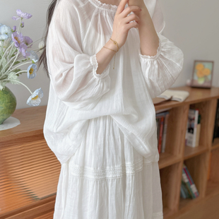 自制。仙仙的好温柔天然工艺皱酵洗苎麻蕾丝拼接九分袖上衣女宽松