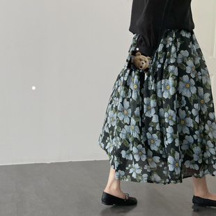 半身裙A字显瘦2022新款 勿忘我 独家定染100支天然苎麻复古中长款