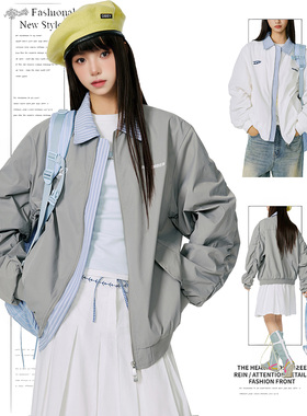 DUSK美式复古条纹假两件翻领棒球服春秋季女夹克绣花外套情侣开衫