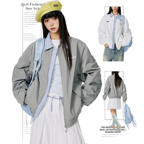 DUSK美式复古条纹假两件翻领棒球服春秋季女夹克绣花外套情侣开衫
