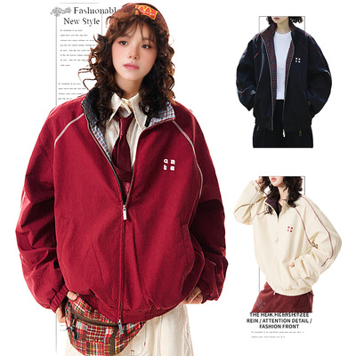 DUSK美式格子拼接红色翻领外套女春秋季新款宽松拉链夹克运动上衣