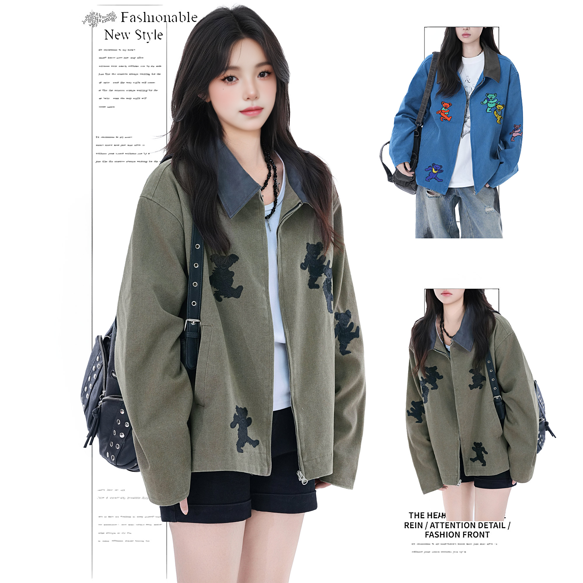 DUSK美式复古小熊刺绣翻领夹克女春秋季设计感宽松中性风休闲外套