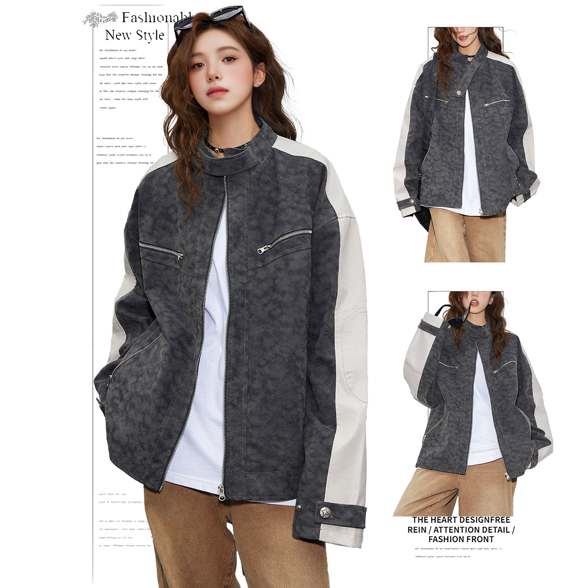 DUSK美式复古高街PU磨砂皮夹克女春秋设计感宽松皮衣潮牌翻领外套