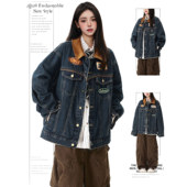 DUSK美式 复古高街牛仔外套女春秋季 机车潮牌翻领宽松刺绣夹克上衣