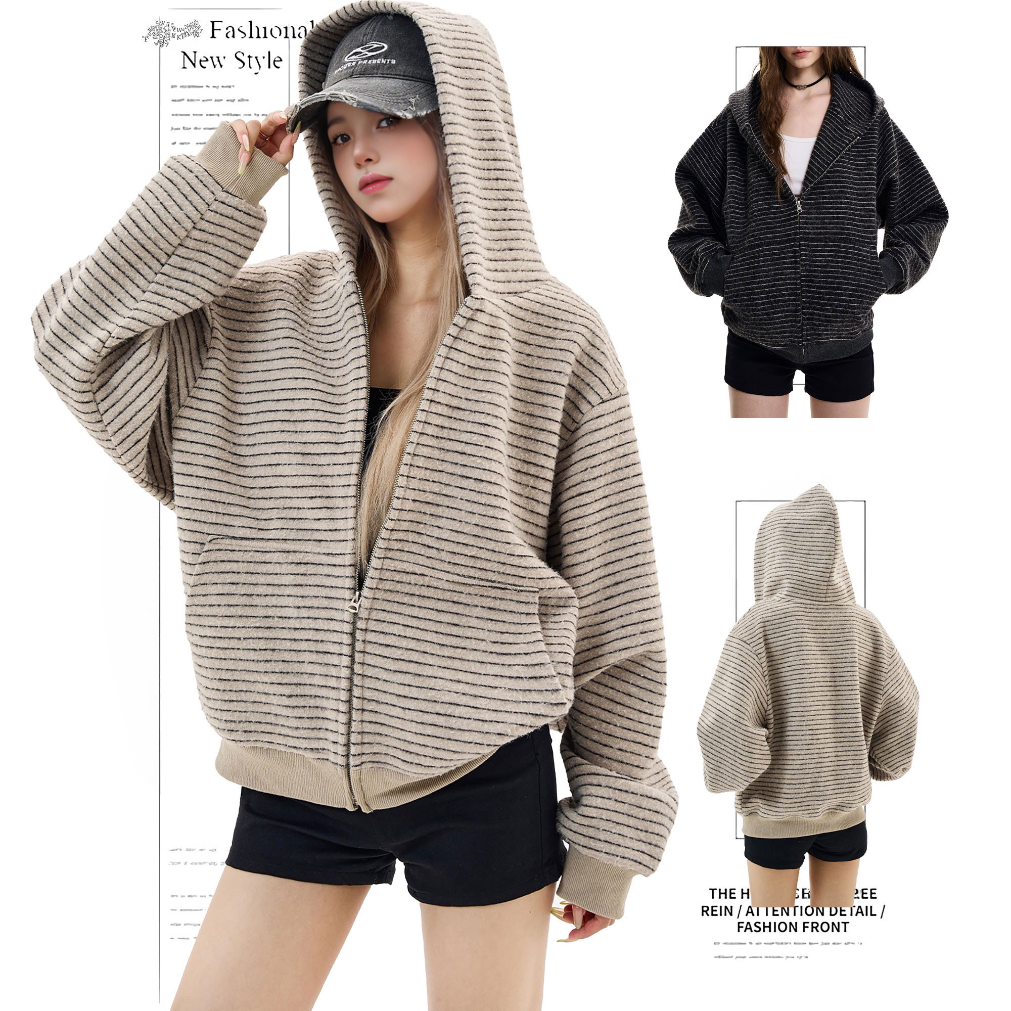 DUSK美式复古条纹拉链开衫连帽卫衣女春秋新款宽松百搭情侣外套潮