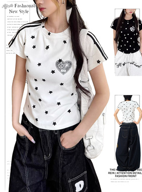 DUSK原创满印星星织带插肩袖T恤女夏季美式复古y2k修身短款短袖潮