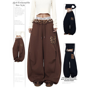 子 女爵士舞宽松小众阔腿裤 DUSK美式 复古毛绒豹纹刺绣拼接弯刀卫裤