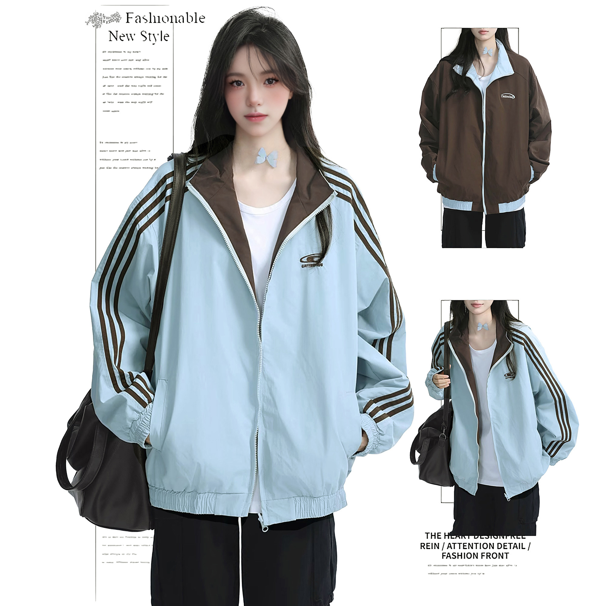 DUSK双面穿三条杠外套女春秋新款美式立领运动情侣夹克棒球服上衣