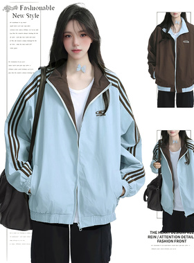 DUSK双面穿三条杠外套女春秋新款美式立领运动情侣夹克棒球服上衣